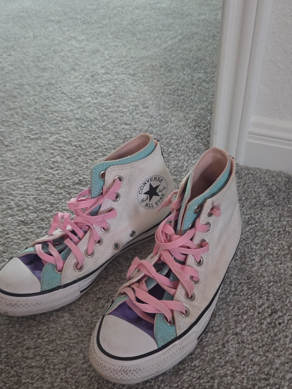 Converse All Star High Top Sneakers in White with Pink & Teal Accents